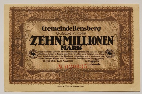 Notgeldschein bensberg mio - notgeldschein, 10